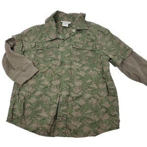 Cherokee Long-Sleeve Shirt Boys Size 3T Green Dinosaurs Print Snap-Front Cotton